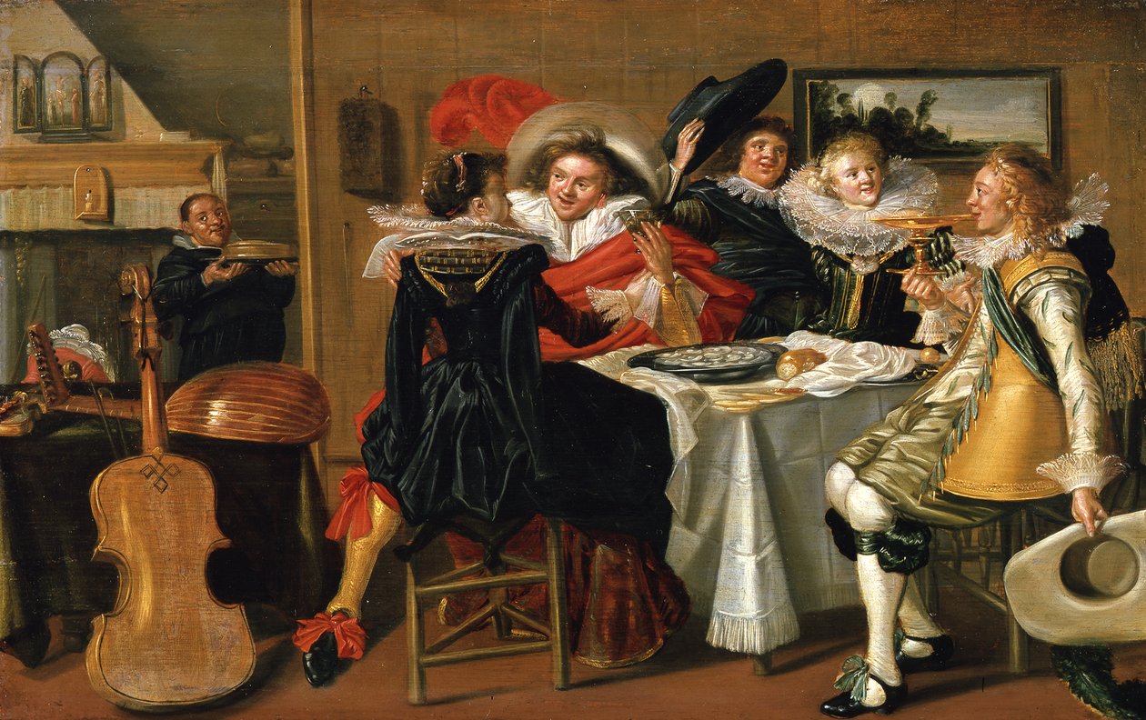Interior com um alegre grupo de convidados à mesa de Dirck Hals