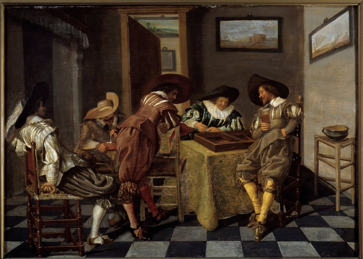 A parte do tric trac (tri-trac: antigo jogo de Backgammon). Pintura de Dirk Hals (1591-1656), cerca de 1615-1625. Óleo sobre madeira. Dim: 0,38 X 0,53m. Lille, Musee Des Beaux Arts - Jogadores de Tic-trac ("Trictrac: antigo jogo de Backgammon). Pintura por de Dirck Hals