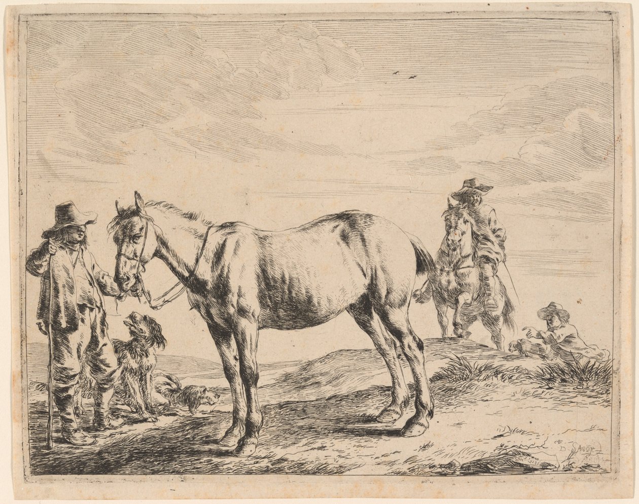 Um homem segurando um cavalo pelo freio de Dirck Stoop