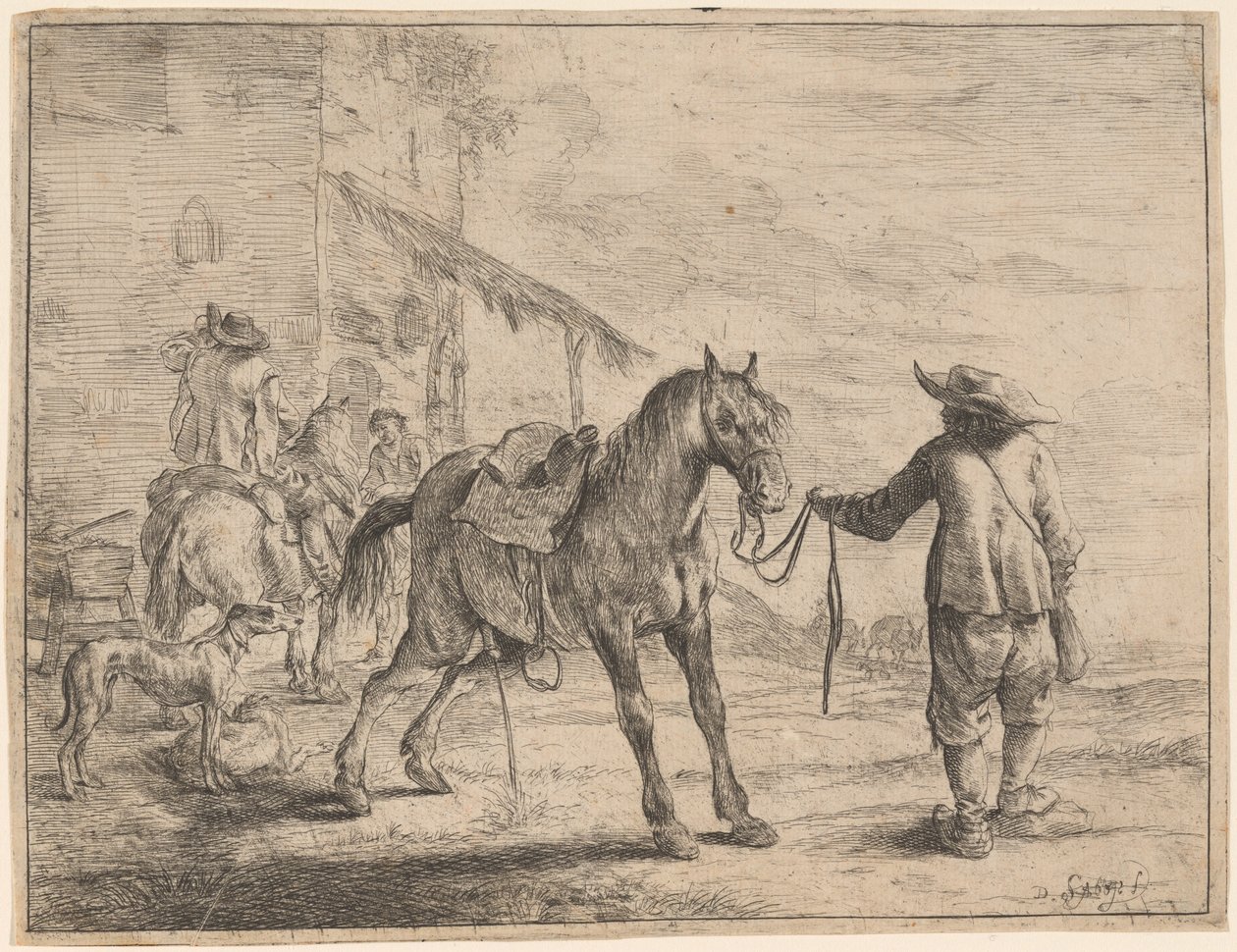 Um cavalo mijando segurado por um homem de Dirck Stoop