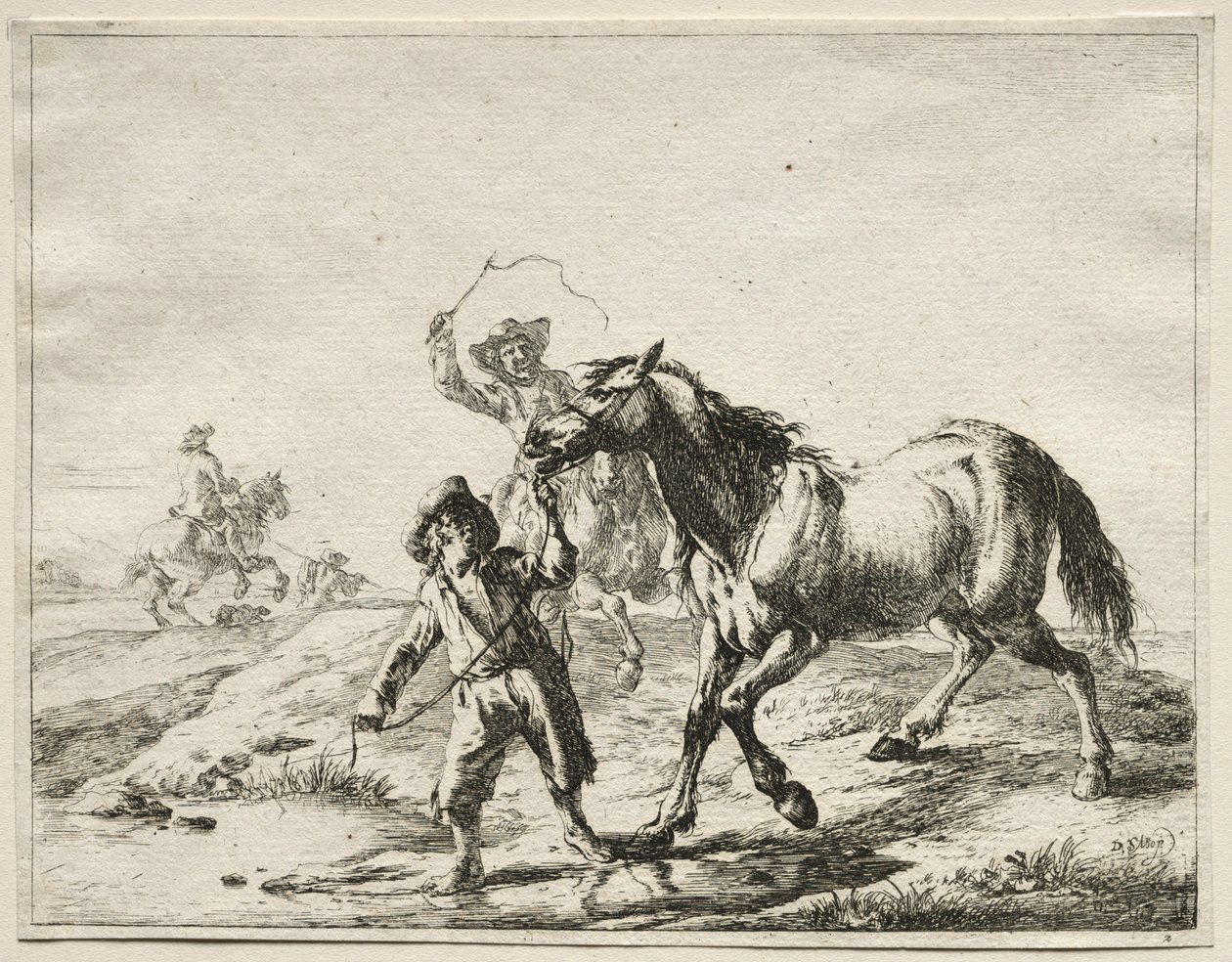 Um menino levando um cavalo para beber. de Dirck Stoop