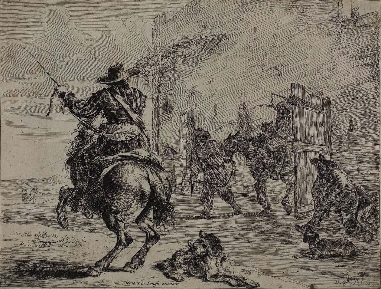 Criando Cavalo, Perto de um Estábulo, prato um da Série de Cavalos de Dirck Stoop