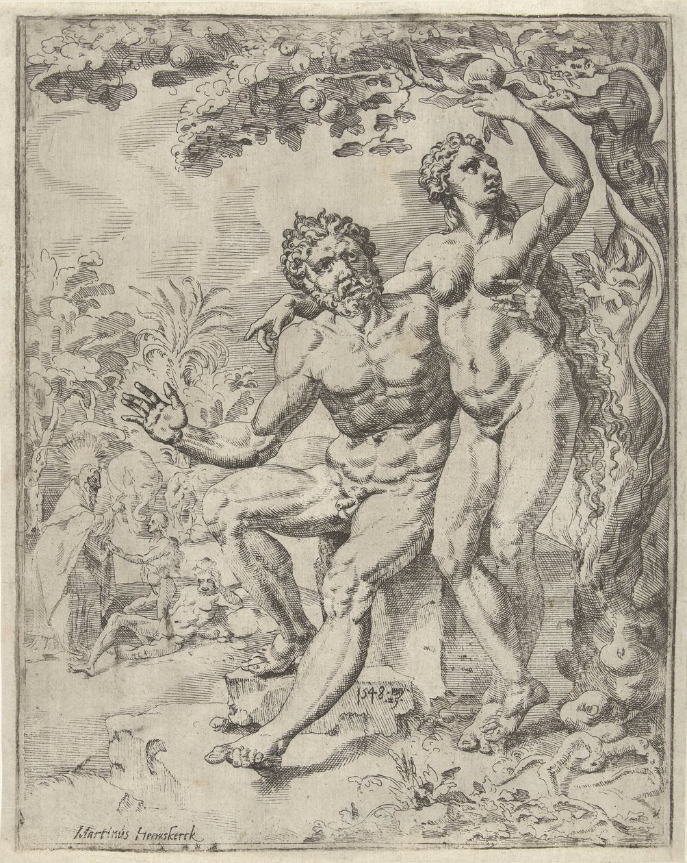 Adão e Eva colhem o fruto proibido Queda e redenção da humanidade através da vida e paixão de Cristo (título da série) de Dirck Volckertsz. Coornhert (attributed to)