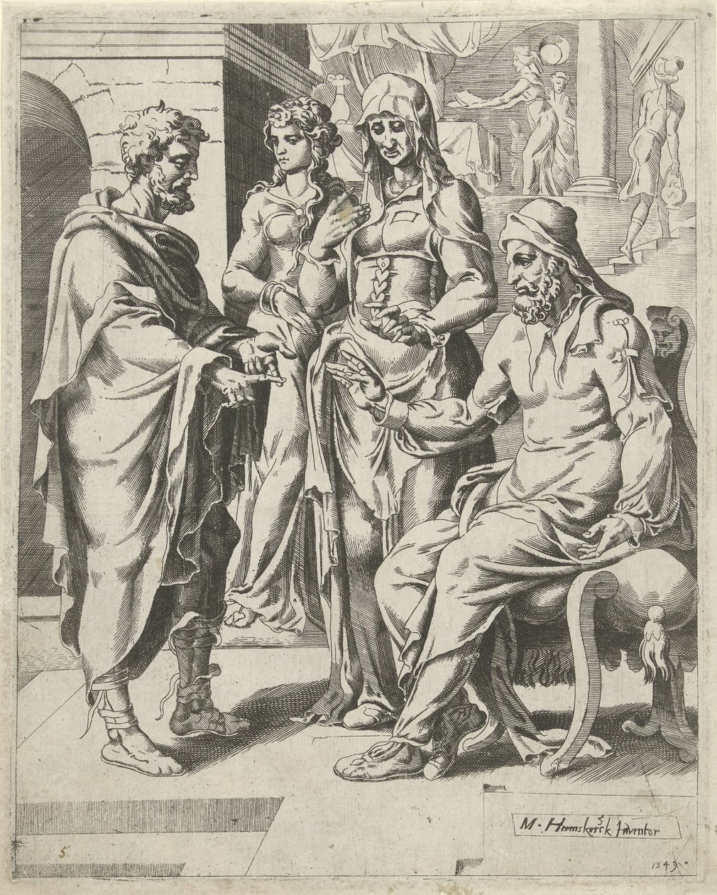 Elijah diz a Laban o seu propósito
A procura de uma esposa por Isaac (título da série) de Dirck Volckertsz. Coornhert (attributed to)