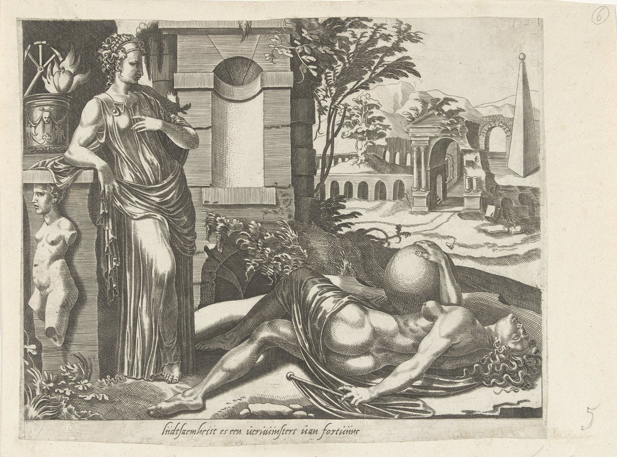 A Fortuna não favorece aqueles que adormecem; a paciência como o Victor da Fortuna
A paciência supera a fortuna
Liidsaemheiit es a verwinstert of fortunne (título sobre o objecto)
Provérbios sobre a Fortuna (título da série) de Dirck Volckertsz. Coornhert (attributed to)