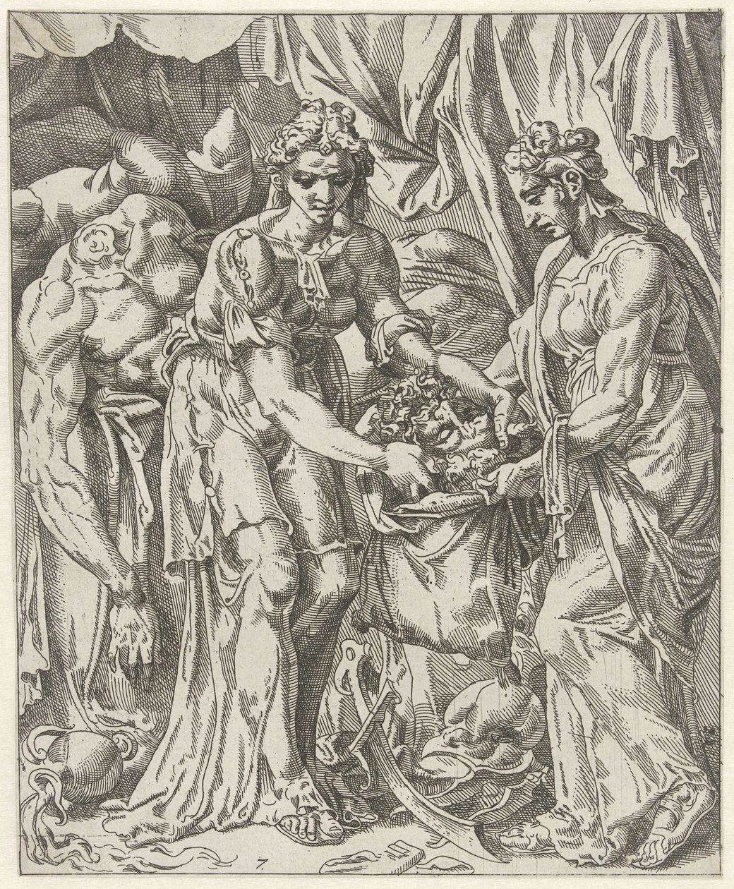 Judit coloca a cabeça de Holofernes em um saco Judit e Holofernes (título da série) de Dirck Volckertsz. Coornhert (attributed to)