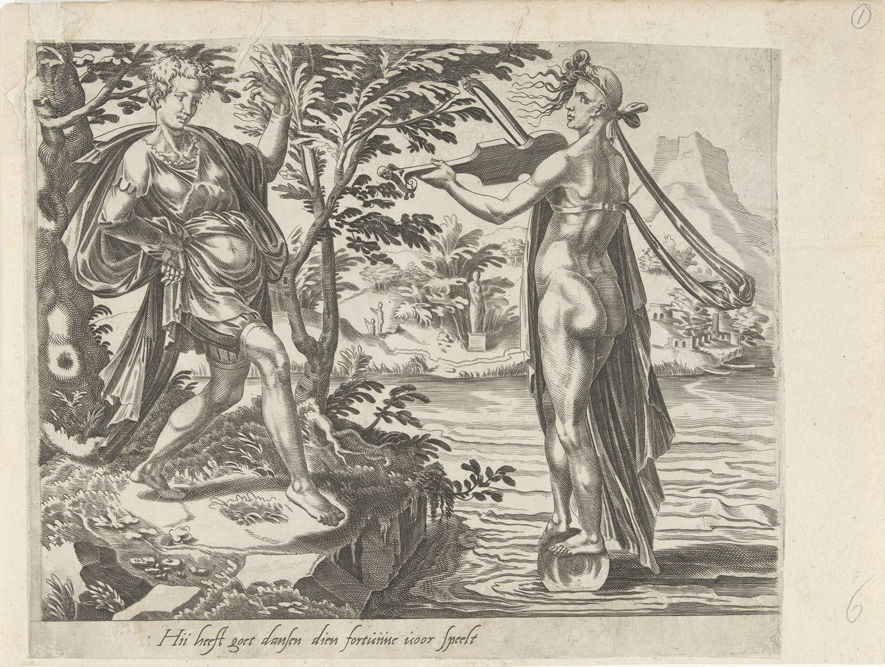 A Inconstância da Fortuna; É Fácil Dançar quando a Fortuna Joga por Si
Quando a sorte joga por si, tudo corre sem sobressaltos
Ele dança bem quando a Fortuna toca para si (título sobre o objecto)
Provérbios sobre a Fortuna (título da série) de Dirck Volckertsz. Coornhert (attributed to)