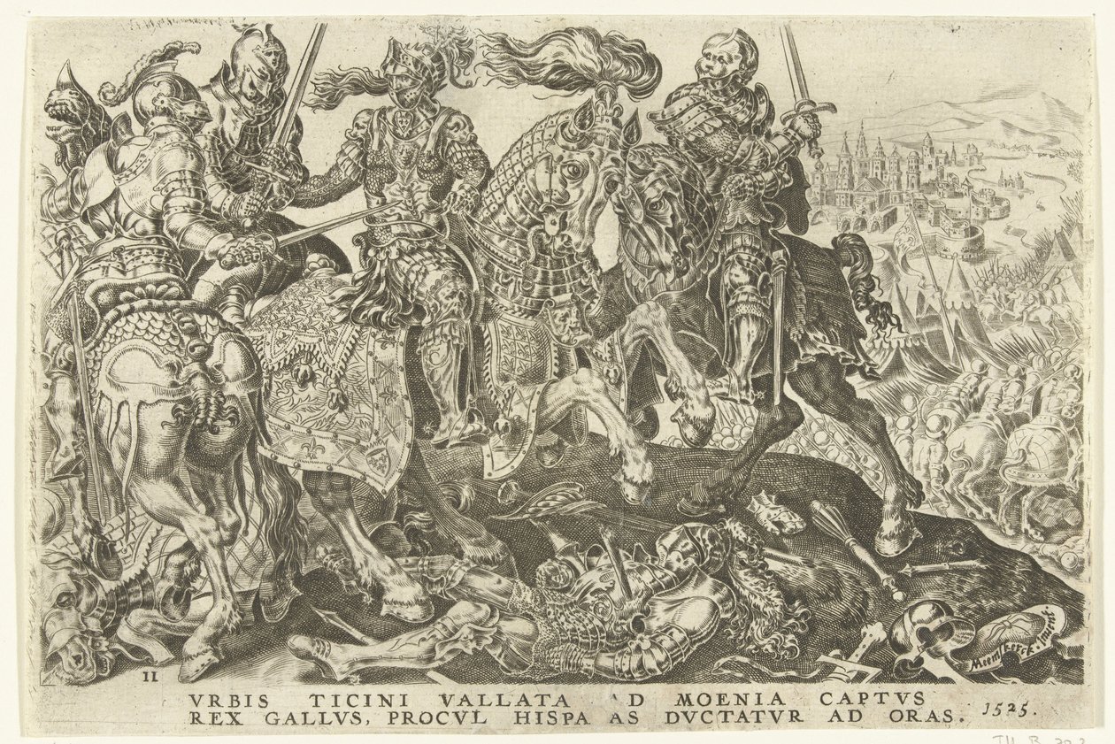 Captura de Francisco I na Batalha de Pavia, 1525 Vitórias de Carlos V (título da série) Divi Caroli. v. imp. optar. max. victoriae, ex multis praecipuae (título da série) de Dirck Volckertsz. Coornhert (possibly)