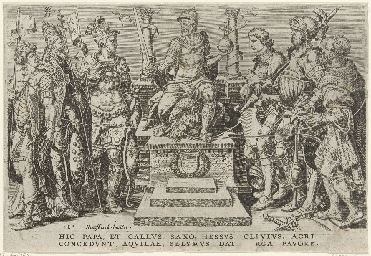 Carlos V rodeado pelos seus oponentes derrotados
Vitórias de Carlos V (título da série)
Divi Caroli. V. imp. opt. max. victoriae, ex multis praecipuae (título da série) de Dirck Volckertsz. Coornhert