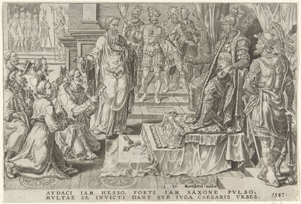 Subjugação de seis cidades alemãs, 1547 Vitórias de Carlos V (título da série) Divi Caroli. v. imp. optar. max. victoriae, ex multis praecipuae (título da série) de Dirck Volckertsz. Coornhert