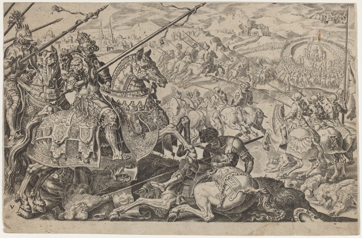 Suleiman, o Magnífico, forçado a levantar o cerco de Viena de Dirck Volckertz Coornhert, after Maerten van Heemskerck