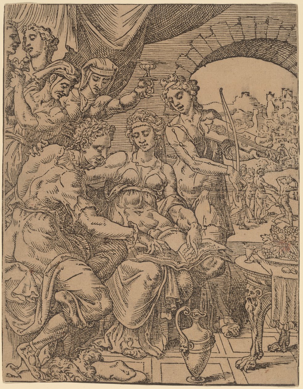 O filho pródigo desperdiçando sua herança em prostitutas de Dirck Volckertz Coornhert after Maerten van Heemskerck