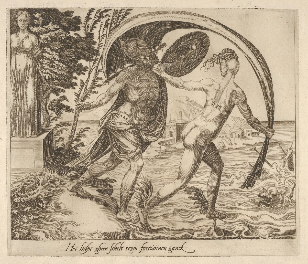 Um escudo não serve para nada quando a fortuna dá as costas a seis provérbios sobre a fortuna, ca. 1560. de Dirck Volkertsen Coornhert