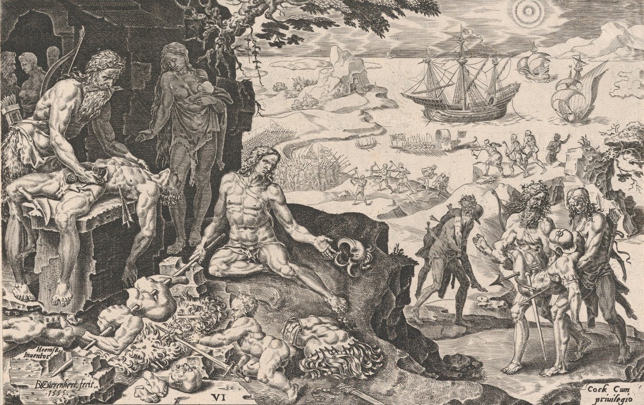 As Tropas Imperiais Trazendo Civilização aos Índios, de As Vitórias do Imperador Ch..., 1555. de Dirck Volkertsen Coornhert