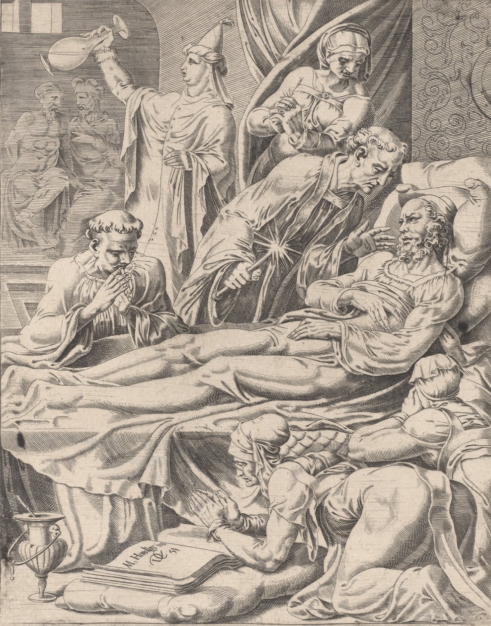 O homem rico em seu leito de morte, da parábola de Lázaro e o homem rico, placa 2, 1551. de Dirck Volkertsen Coornhert