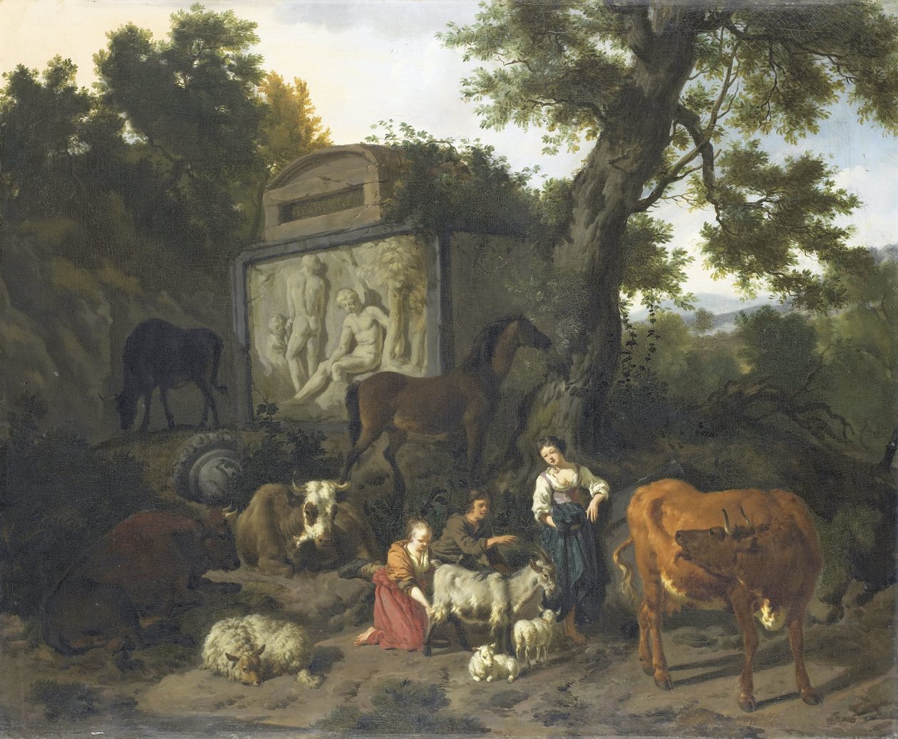 Paisagem com pastores e gado perto de um túmulo de Dirck van Bergen