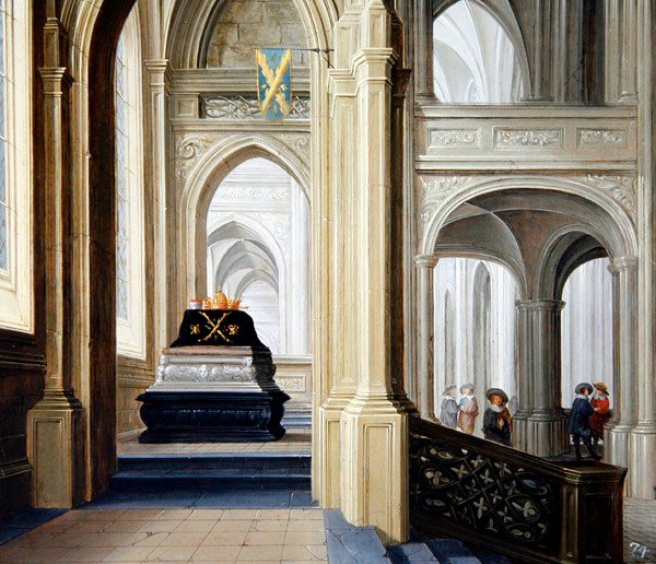Um interior de igreja com uma túmulo real de Dirck van Delen