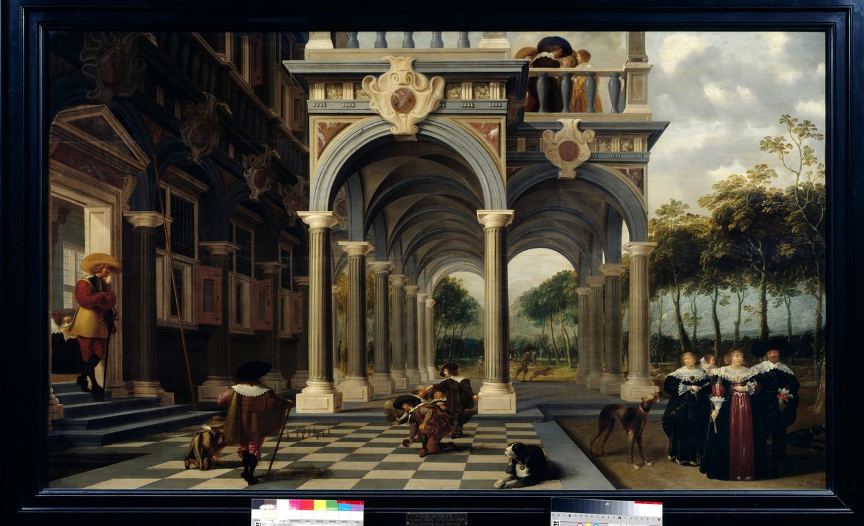 Jogadores de boliche Jogo de boliche no chão de um tabuleiro de xadrez. Pintura por Dirk Van Delen (1605-1671) de Dirck van Delen