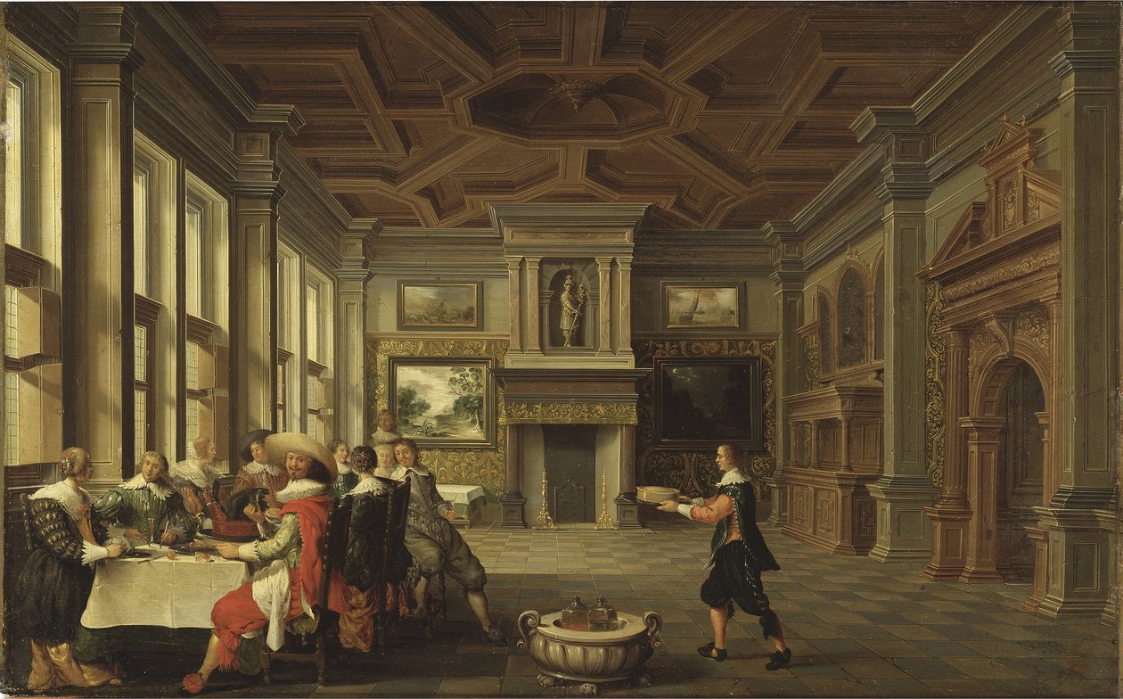 Diner distingue dans un interieur - Distinguished Dinner Company in an Interior, de Delen, Dirck van (c. 1605-1671). Óleo sobre tela de Dirck van Delen