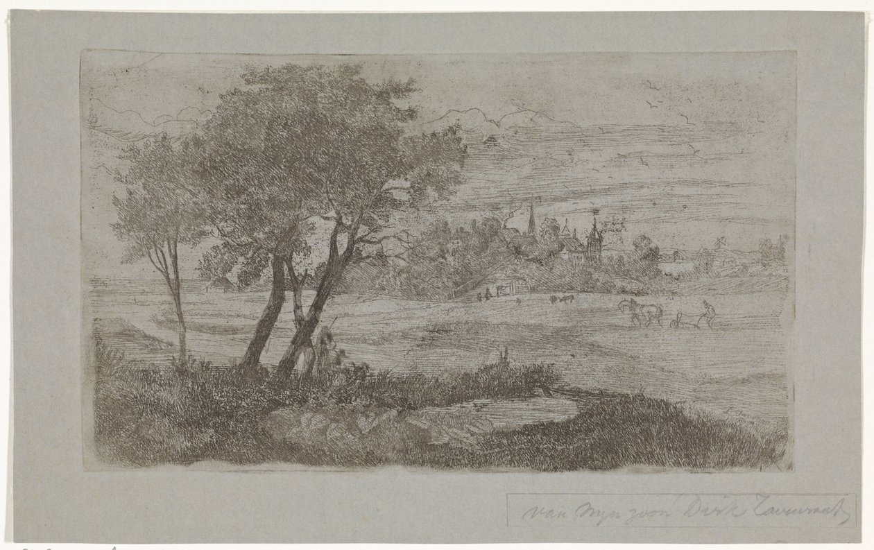 Paisagem com árvores em primeiro plano e uma charrua no campo de Dirk Arnoldus Tavenraat