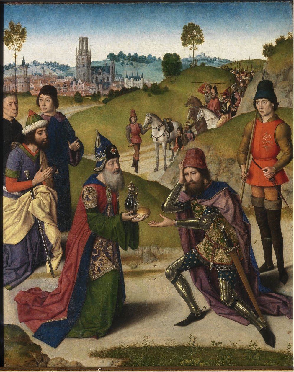 Retábulo da Última Ceia: Encontro de Abraão e Esquerda de Melquisedeque, 1464-1468 de Dirk Bouts