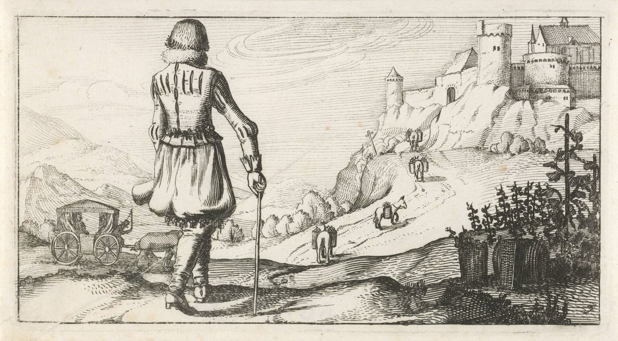 Homem em gambeson em uma paisagem de montanha Trajes femininos e masculinos holandeses, 1622 (título da série) de Dirk Eversen Lons