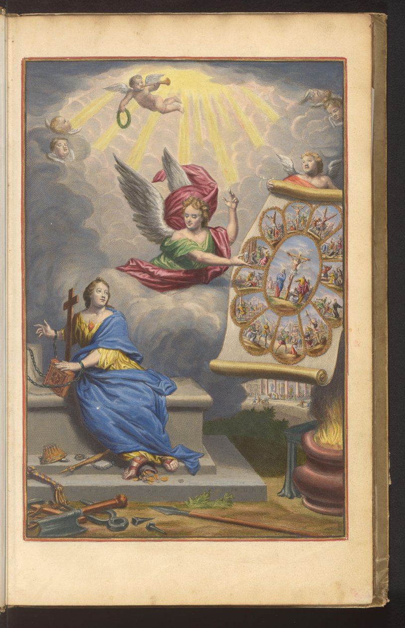Estampa de título com anjo mostrando à Fé acorrentada o martírio de Cristo e os doze Apóstolos
l