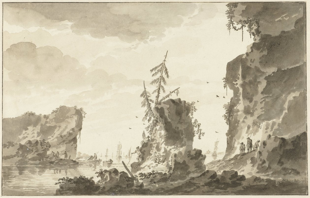 Costa rochosa com navios e pescadores de Dirk Kuipers
