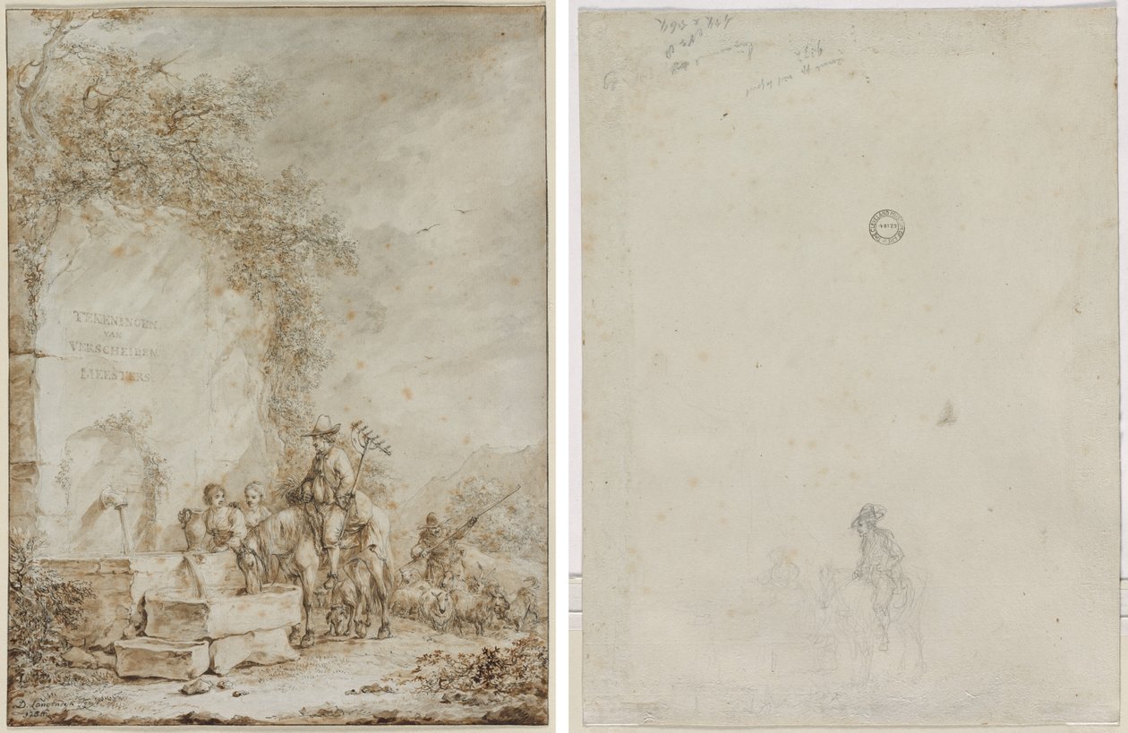 Frontispício para um álbum de desenhos: Camponeses em uma Fonte (reto) Esboço de Camponeses em uma Fonte (verso) de Dirk Langendijk