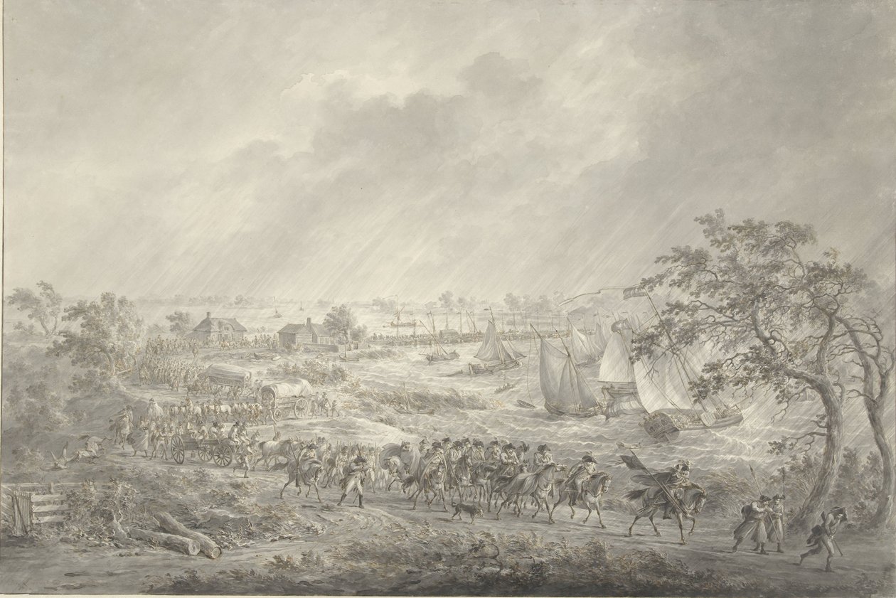 Travessia das tropas inglesas e hanoverianas de Nijmegen para a Quaresma através da ponte sobre o rio Waal, 7 de Novembro de 1794 de Dirk Langendijk