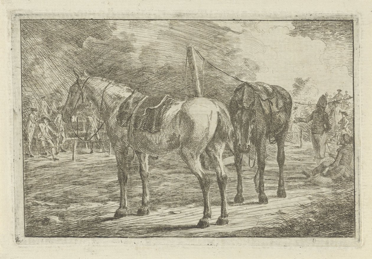Dois cavalos selados em um acampamento do exército de Dirk Langendijk