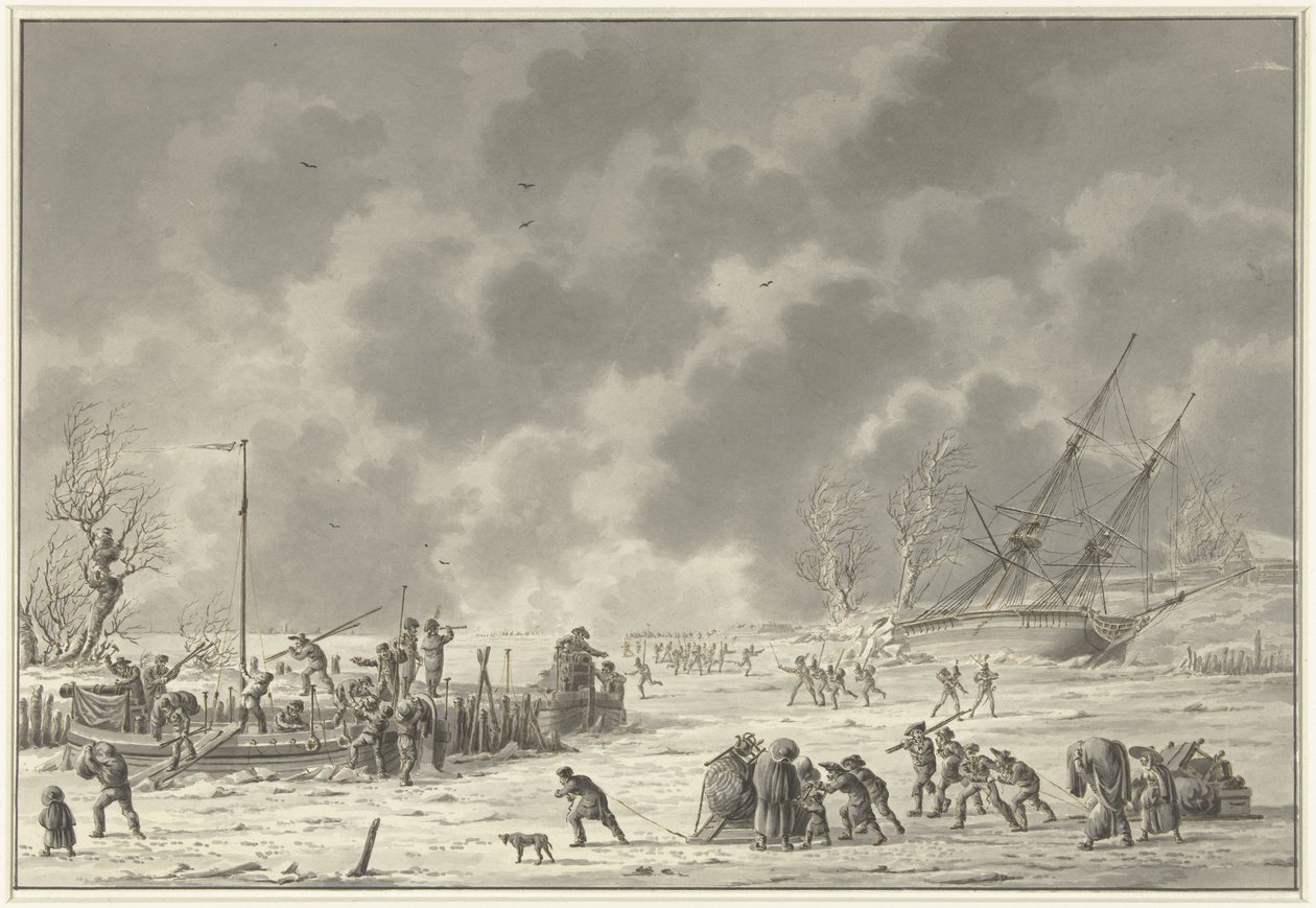 Vluchten van de Landzaten te Texel, Janeiro 1795
O abandono dos barcos canónicos e o voo dos Landzaaten em Dezembro de 1794 (título sobre o objecto) de Dirk Langendijk