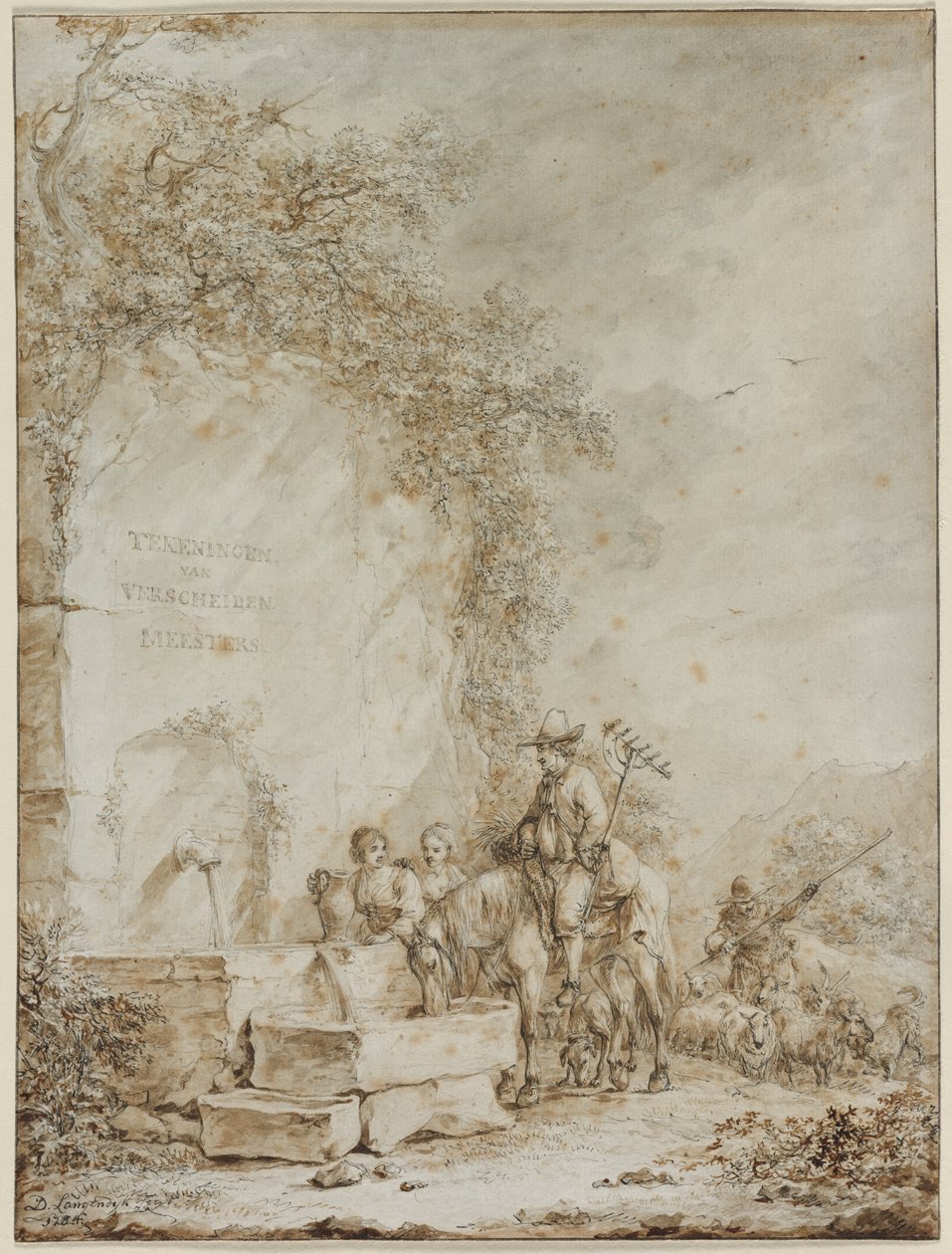 Frontispício de um álbum de desenhos: Camponeses em uma fonte, 1784. de Dirk Langendyk