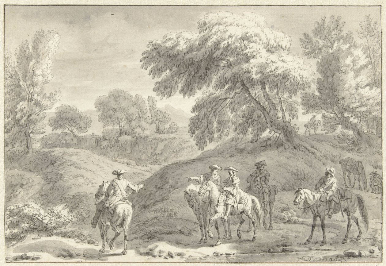 Paisagem montanhosa com caçadores a cavalo de Dirk Maas