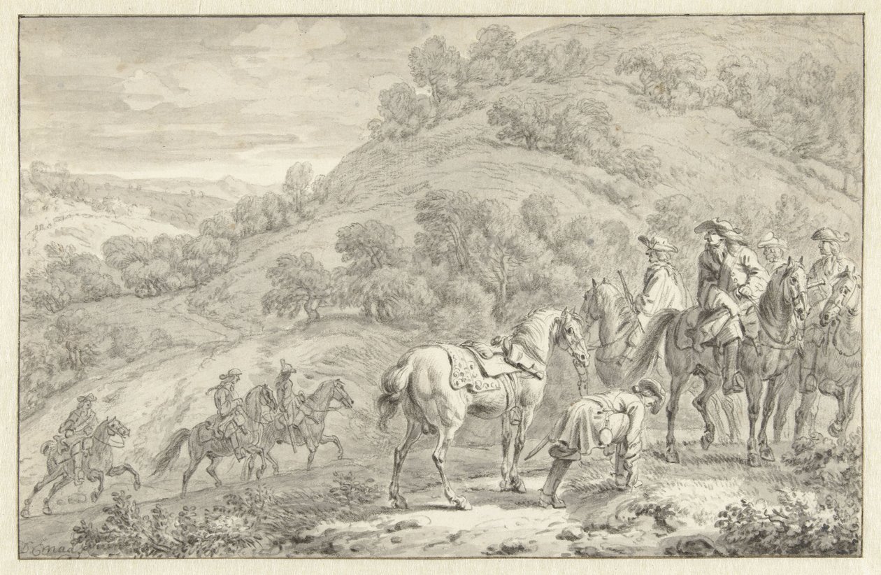 Paisagem de montanha com um cavaleiro desmontado e outros caçadores a cavalo de Dirk Maas