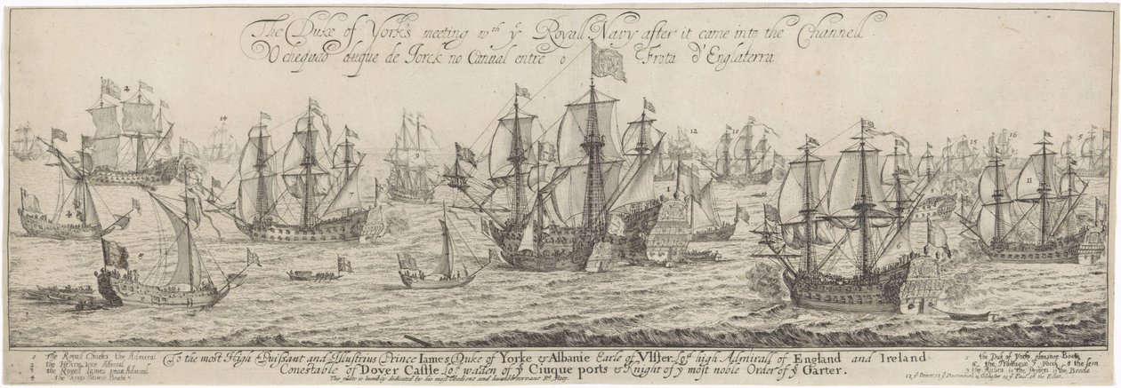 Duque de York cumprimenta a Marinha Real no Canal O encontro do Duque de York com a Marinha Real após a sua entrada no Channell / O cheqado duque de Jorck no Cannal entre o Frota d
