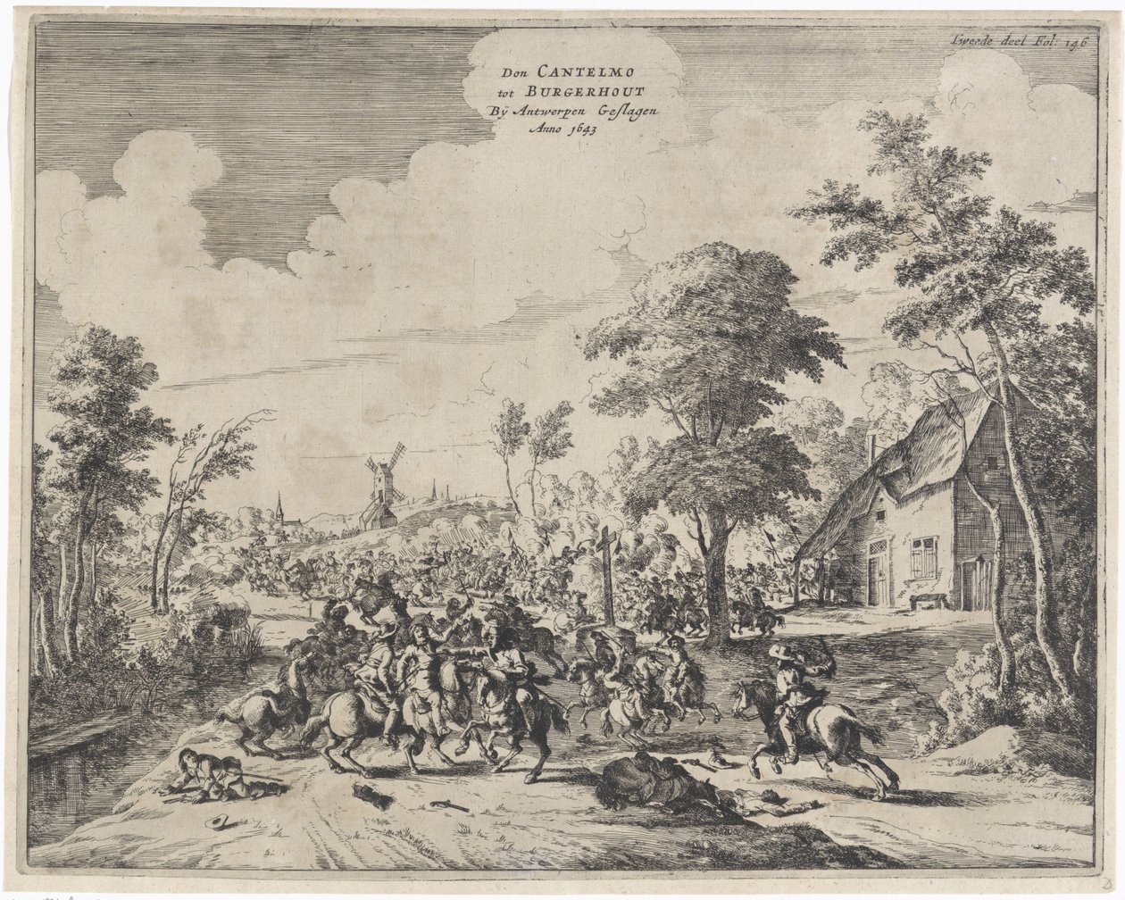 Espanhóis sob Don Cantelmo derrotados em Borgerhout, 1643 Don Cantelmo tot Burgerhout Por Antuérpia Struck Anno 1643 (título no objeto) de Dirk Stoop