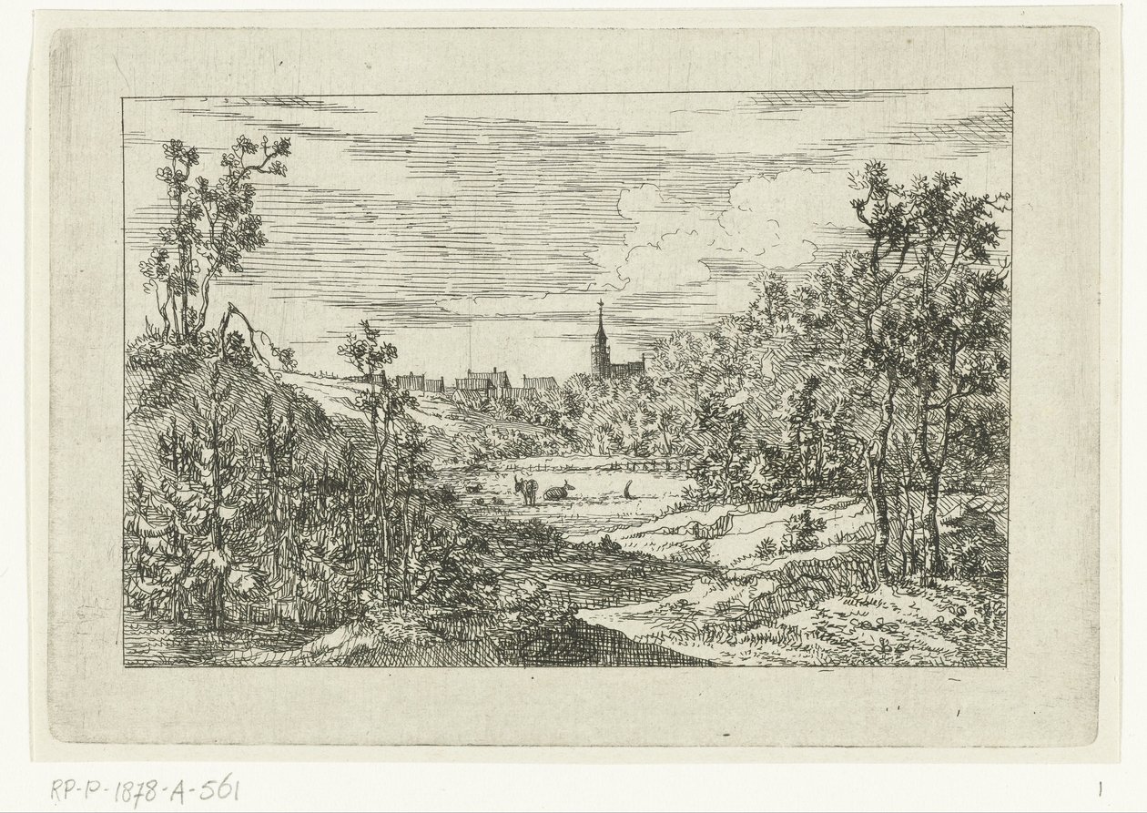Paisagem dunar e vista das casas e da igreja de Scheveningen de Dirk Vis Blokhuyzen