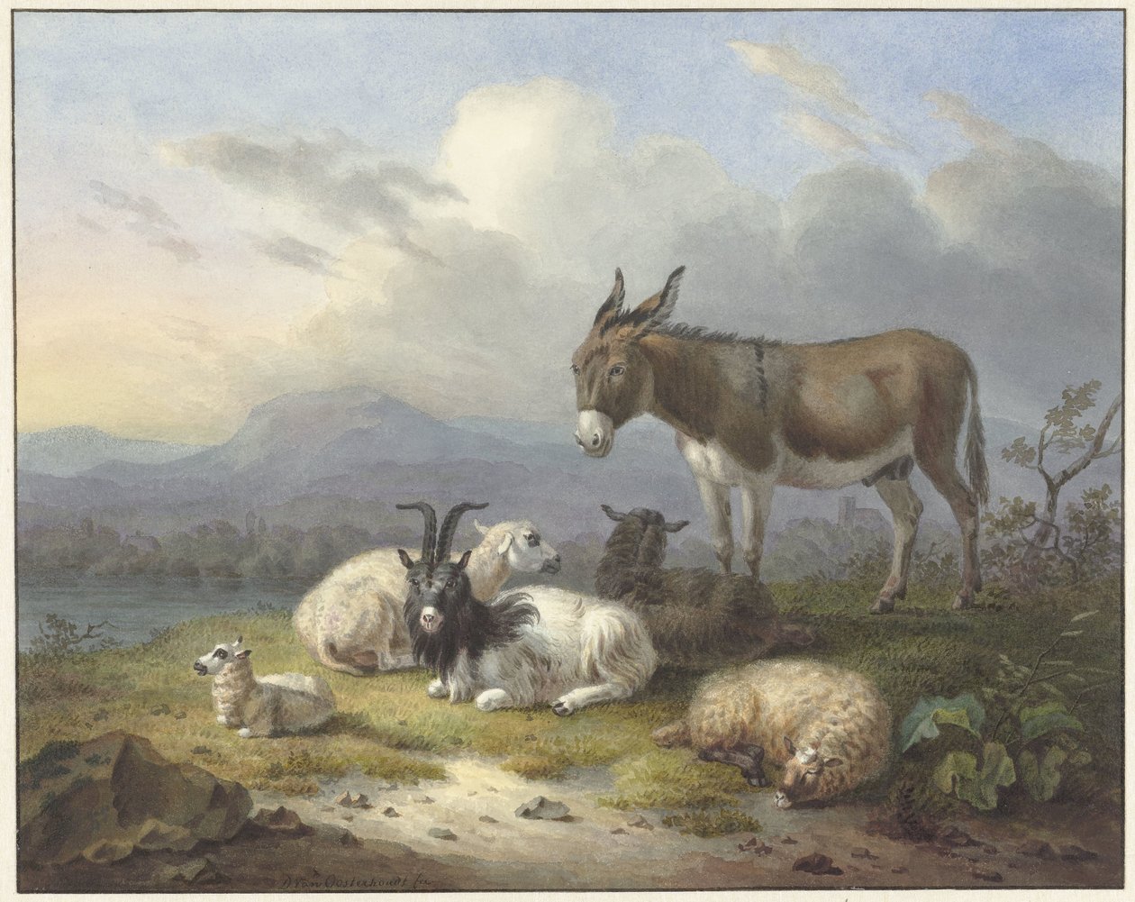 Paisagem com burro, cabra e ovelha de Dirk van Oosterhoudt