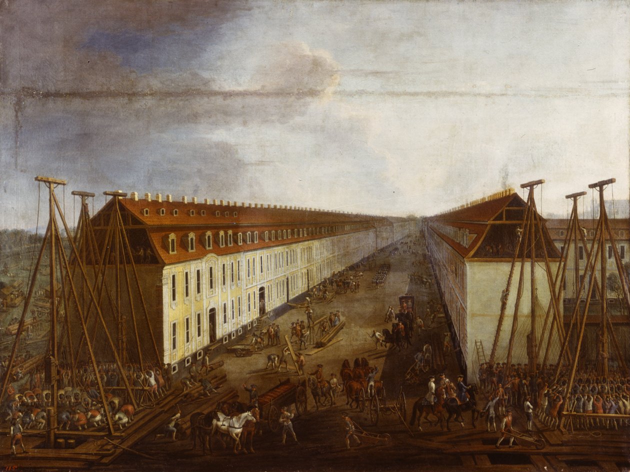 Obras de construção na Friedrichstrasse em Berlim, c.1735 de Dismar Degen