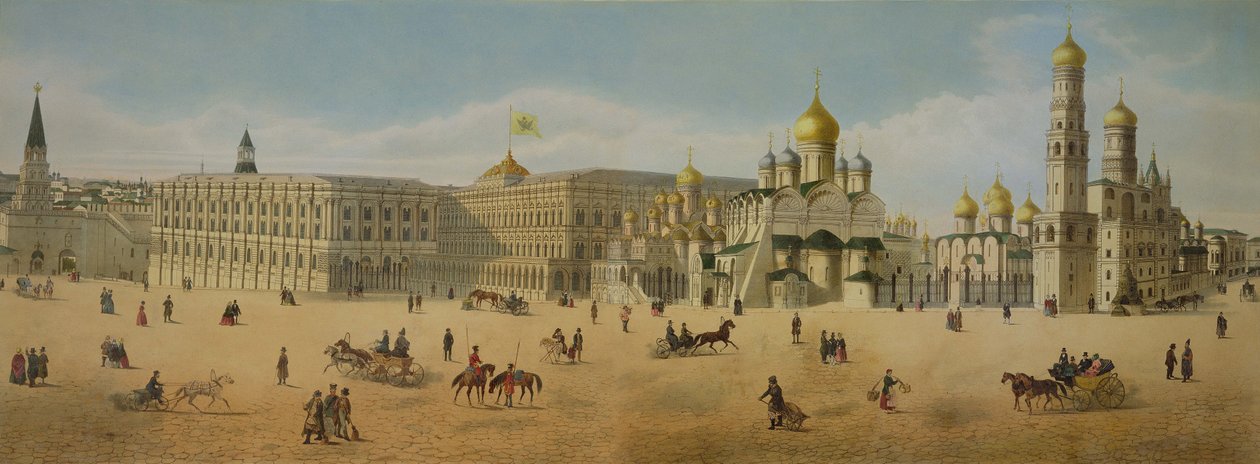 O grande palácio do Kremlin e as catedrais da Anunciação e do Arcanjo, de um panorama de Moscou, gravado por Philippe Benoist (1813-c. 1905) e Aubrun, pub. por Lemercier, c.1840 (lito de Dmitri Indieitzeff