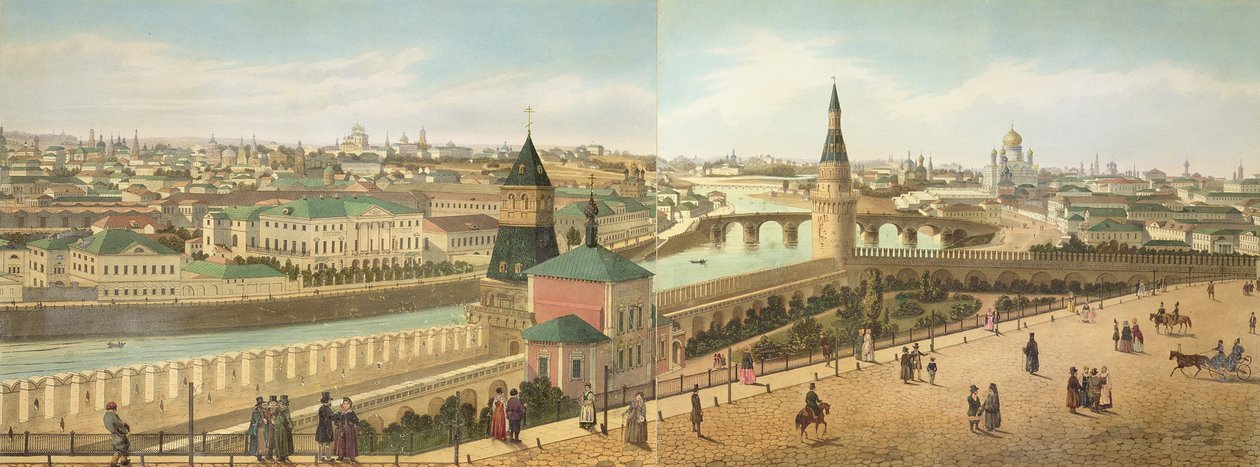 Vista rio abaixo do Kremlin, incluindo a Igreja de Nosso Salvador, de um panorama de Moscou, gravado por Philippe Benoist (1813-c. 1905) e Aubrun, pub. por Lemercier, c.1840 de Dmitri Indieitzeff