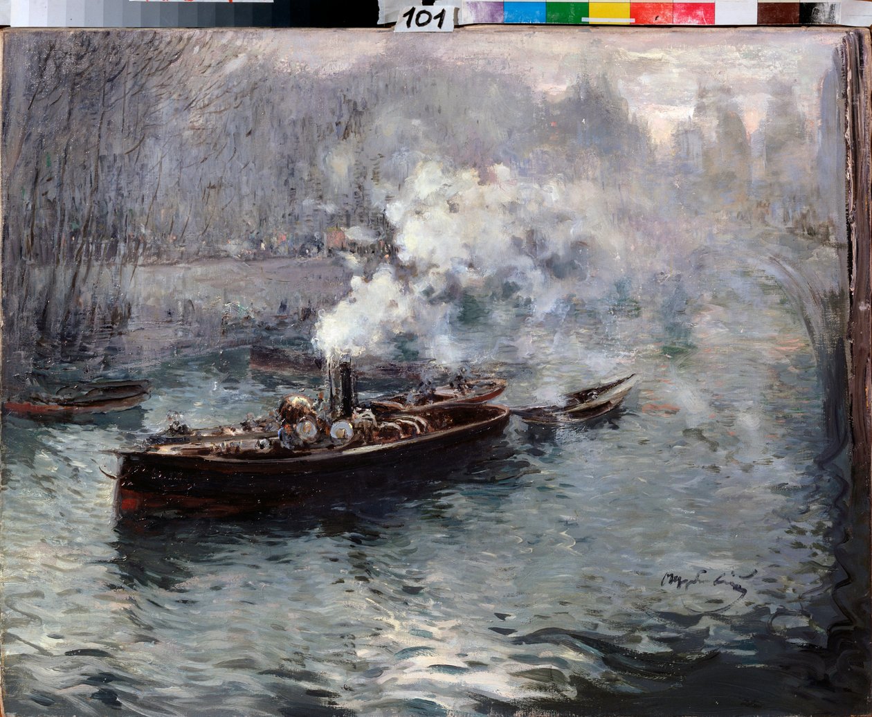 Um barco a vapor - Pintura de Dmitri Anfimovich Shcherbinovsky (1867-1926), óleo sobre tela de Dmitri Anfimovich Shcherbinovsky