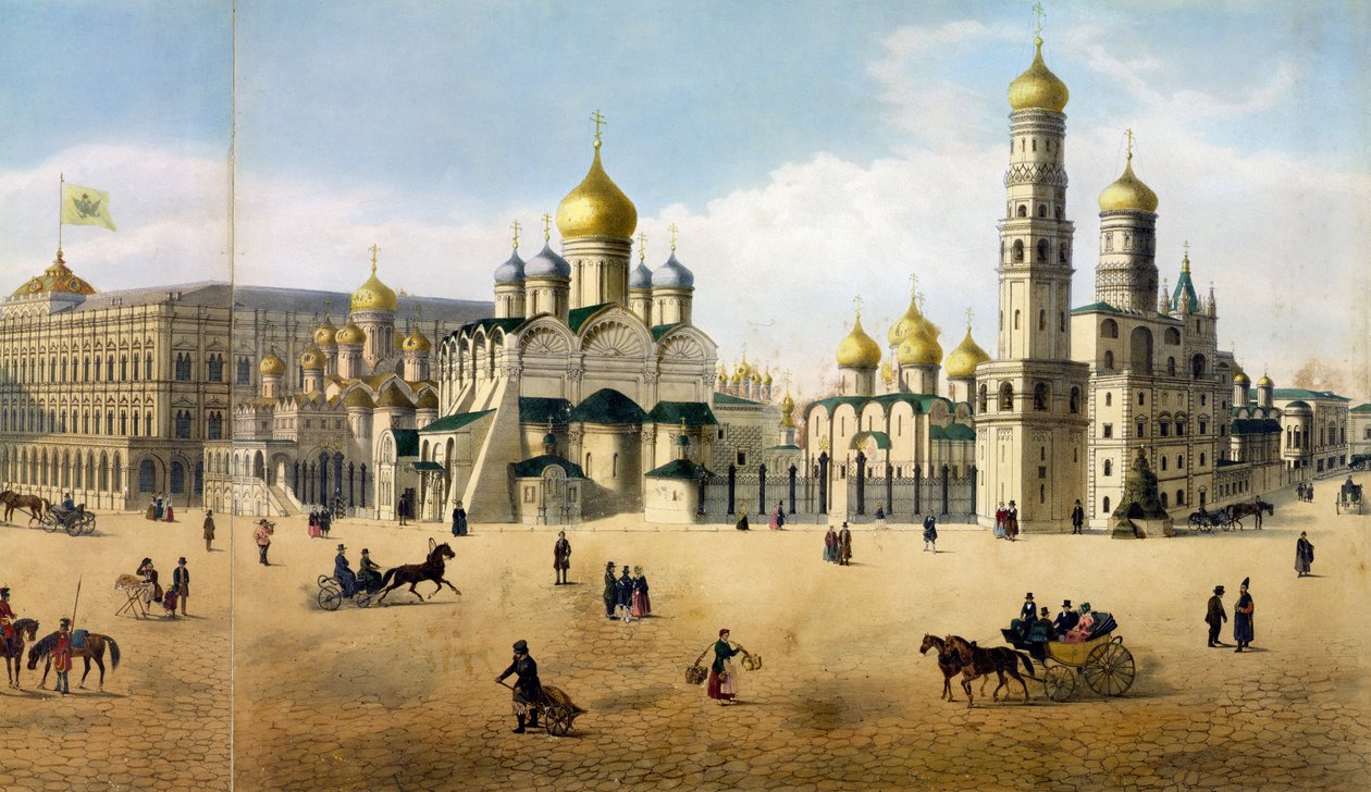 Catedrais da Anunciação e do Arcanjo, a partir de um panorama de Moscou, gravado por Philippe Benoist 1813-c.1905 e Aubrun, pub. por Lemercier litho detalhe de 105099 de Dmitri Indieitzeff