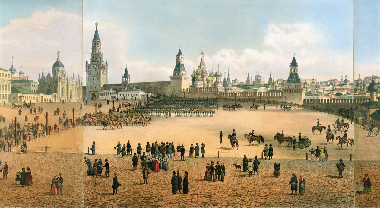 St. Basils Catedral visto do Kremlin, de um panorama de Moscou, gravado por Philippe Benoist 1813-c.1905 e Aubrun, pub. por Lemercier, c.1840 detalhe lito de 105095 de Dmitri Indieitzeff