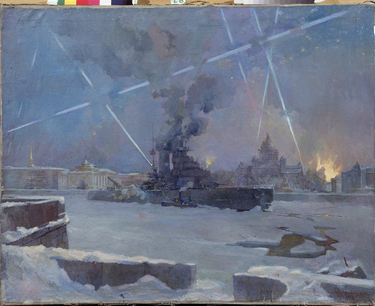 Artilharia pesada no rio Neva em Leninegrado (São Petersburgo, Rússia) em 1942 (Um navio de guerra no rio Gele defende a cidade em chamas contra ataques aéreos, durante o cerco de Leninegrado). Episódio da Segunda Guerra Mundial (1939-1945). Pintor de Dmitri Nikiforovich Martynov