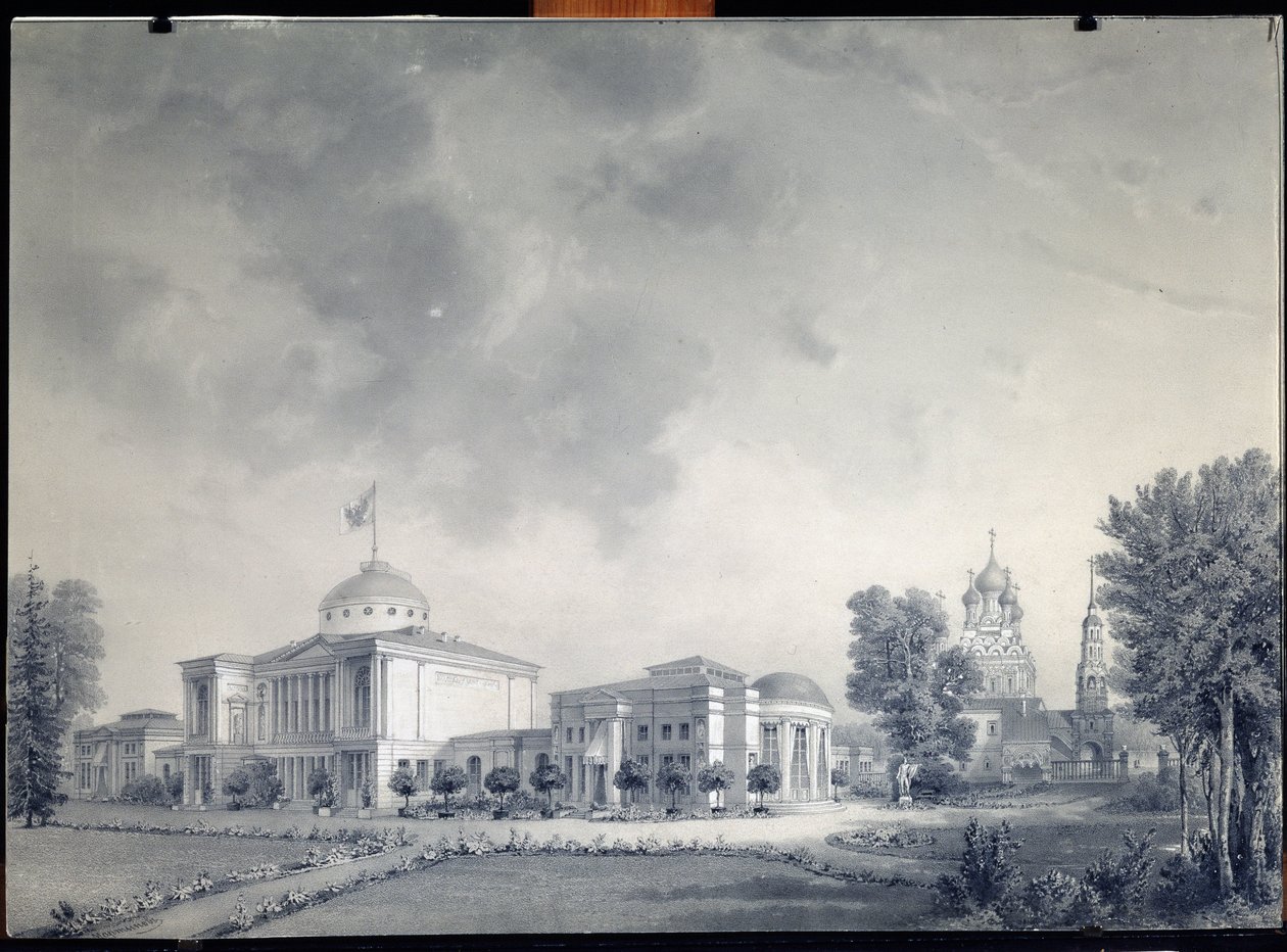 Vista do Palácio Ostankino, Moscovo - por Dmitri Nikiforovich Martynov (1826-1889), lápis sobre papel de Dmitri Nikiforovich Martynov