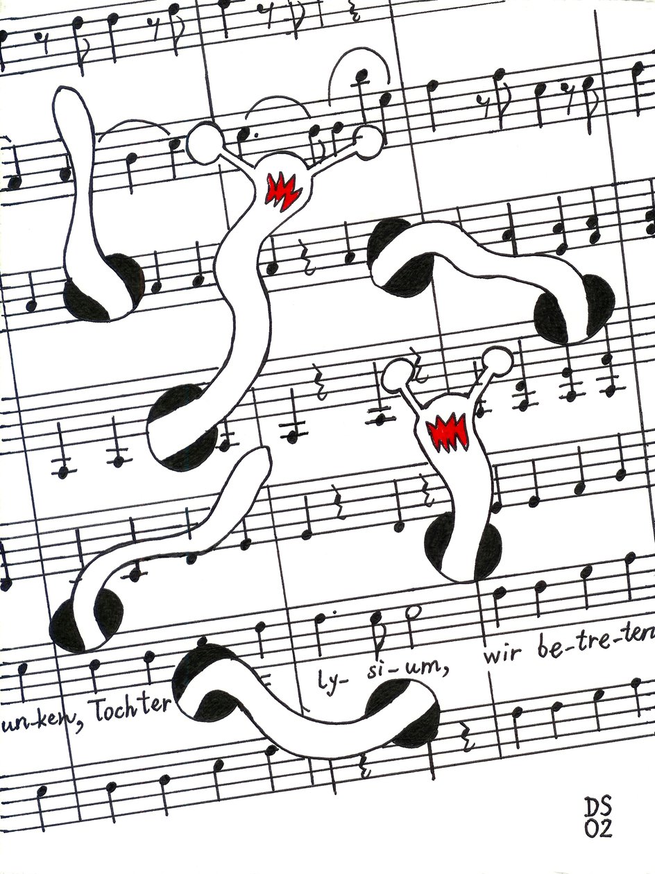 Festa da Alegria - desenho de uma partitura musical com vermes a comerem a página de Dmitri Smirnov
