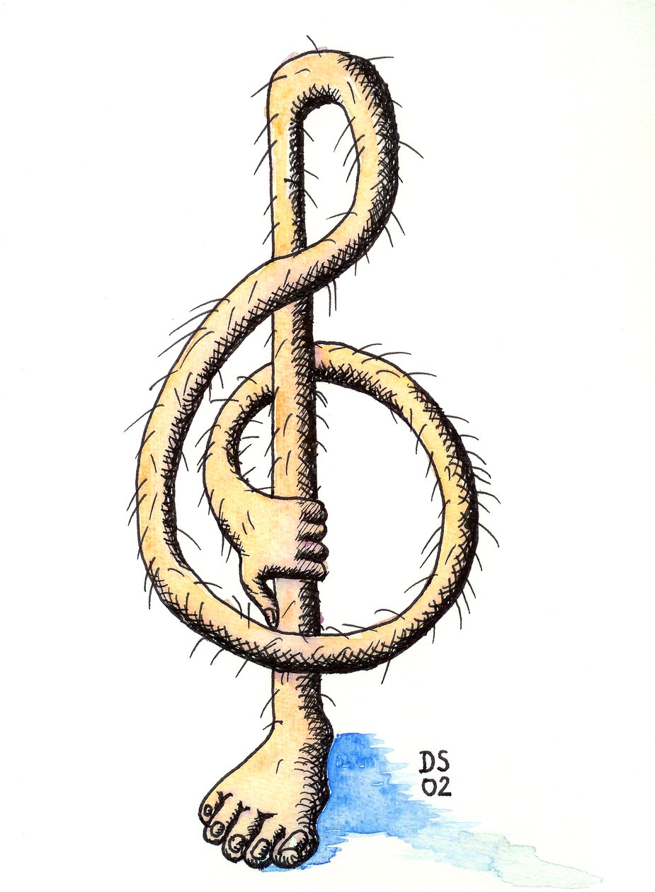 Clave de sol peluda - uma clave de sol desenhada como uma perna com uma mão a segurá-la de Dmitri Smirnov