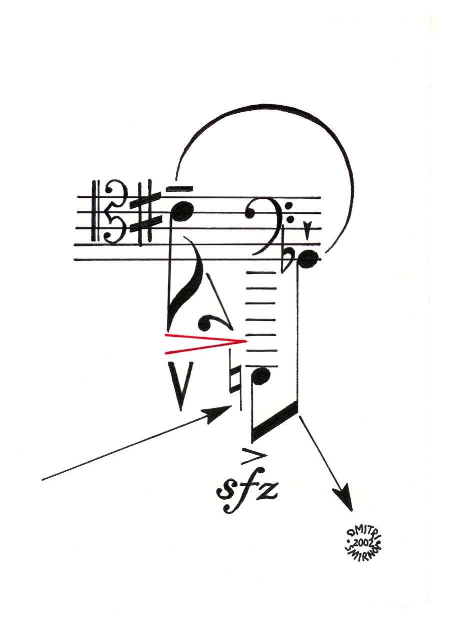 Herói - rosto desenhado com notação musical de Dmitri Smirnov
